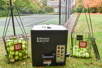 Tennis Tutor Ball Machine (Model No. 3P) With Remote And Pair Of Wilson Tennis Ball Pick-up Hoppers And Balls