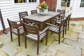 Teak Weathered Outdoor Patio Dining Table With Six Matching Chairs