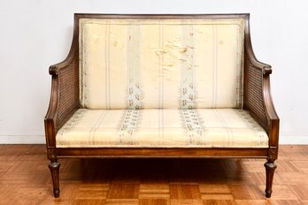 Antique Settee With Cane Sides And Silk Upholstery