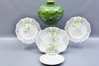 Set Of Four Creamware IX Decorative Pierced Hanging Wall Plates And Global Bazaar Vase
