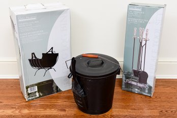 NEW! Open Heart Collections Five Piece Fireplace Tool Set, Folding Log Bin With Tote And Fireplace Ash Bucket