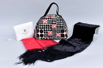 Kate Spade 10th Anniversary Handbag, Christian Dior Scarf And Neiman Marcus Velvet Scarf With Fringe