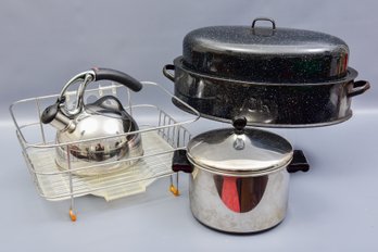 OXO Tea Kettle, Roaster Pan, Farberware Pot And Dish Rack