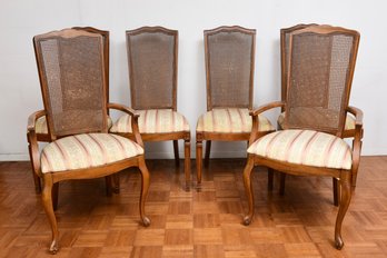 Set Of Six Vintage Upholstered Cane Back Wood Dining Chairs