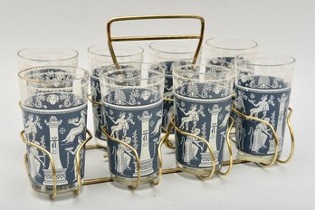 Set Of Eight Mid-Century Jeanette Greek Corinthian Blue Wedgwood-Style Tumblers With Brass Caddy