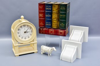 Secret Drawer Book Design Jewelry Box, Infinity Clock, Pair Of Wall Shelves And Metal Painted Cow Figurine