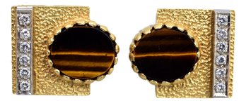 18K Yellow Gold Genuine Diamond Cuff Links With Tigers Eye