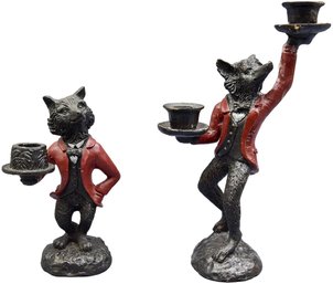 Pair Of Vintage Cast Iron Fox Candle Holders