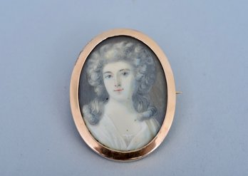 Antique 14k Yellow Gold Brooch With Portrait Painting