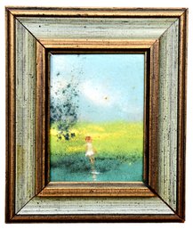 Enamel On Copper Painting Of A Child Sitting By A Pond