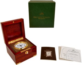 Mathew Norman Switzerland Brass Desk Quartz Clock In Wooden Box