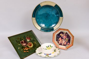 Set Of Six Floral Bowls, Floral Tole Tray, Pair Of Decorative Plates And Large Glazed Bowl