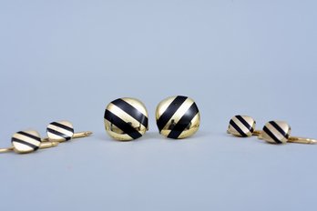 Pair Of 14K Yellow Gold And Black Enamel Striped Cufflinks With Matching Tuxedo Buttons