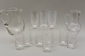 Set Of Ten Good Quality Tall Drinking Glasses And Pair Of Clear Glass Pitchers - Perfect For Ice Tea!