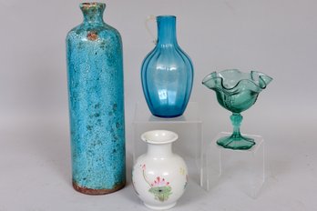 Pottery Vase, Ceramic Vase, Depression Glass Candy Dish And Hand Blown Pitcher