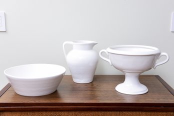 Olsson & Jensen White Ceramic Pedestal Bowl, Pitcher And Bowl