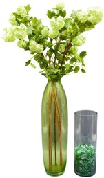 Tall Vase With Faux Flowers And Cylindrical Vase With Glass Pebble Beads