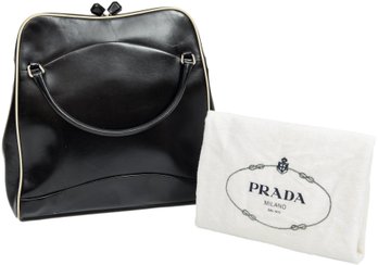 Authentic Prada Tall Bowler Kiss Lock Leather Handbag With Dustbin