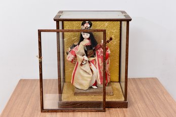 Vintage Collectible Japanese Kimono Gofun Doll In Glass Enclosure