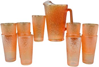 Jeannette Glass Tree Bark Marigold Pitcher And Set Of 11 Matching Glasses