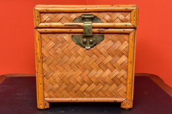 Vintage Woven Rattan Chinoiserie Chest With Brass Hardware