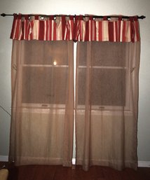 Set Of Four Sheer Taupe Color Curtains & Two Red/ Cream Striped Valances Incl. Black Metal Curtain Rods