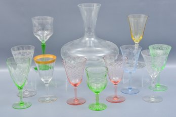 Eleven Assorted Colorful Depression Glasses And Large Clear Glass Decanter