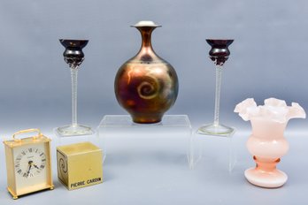 Osawa Table Clock, Pierre Cardin Paperweight, Pair Of Vases, And Pair Of Glass Candlestick Holders