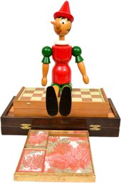 Pair Of Chess Games, Wooden Pinocchio And Bridge Set