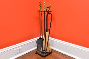 Five Piece Iron Fireplace Tool Set With Brass Handles And Stand