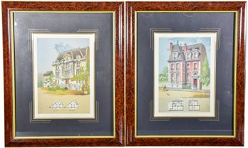 Pair Of Nicely Framed And Matted German Architecture House Lithographs