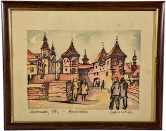 Signed Watercolor Painting Depicting Warsaw Titled 'Barbakan'