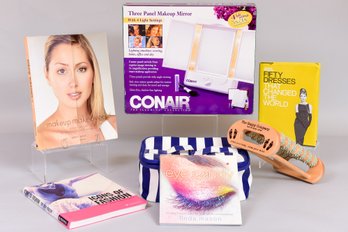 Conair Three Panel Makeup Mirror, Bag With Hair Rollers, The Happy Company Foot And Body Roller, And More