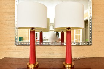 Pair Of Casey & Company Rhyme Red Table Lamps In Speckled Rave Red And Brushed Brass Finish (RETAIL $940)