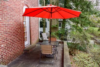 Outdoor Patio Table With Pair Of Chairs, Umbrella And Stand