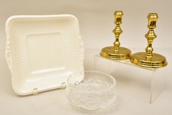 Wedgwood Edme Platter, Waterford Bowl And Brass Candlestick Holders