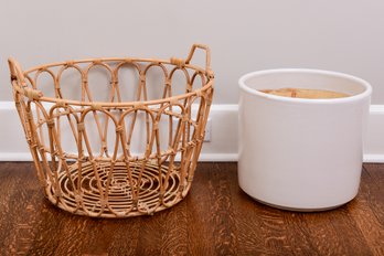 TrendPot White Cylinder Planter And Wood Handled Basket