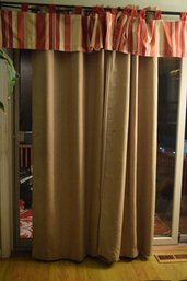 Set Of Four Taupe Color Curtains Plus Two Red/ Cream Striped Valances Incl. Black Metal Hanging Rods