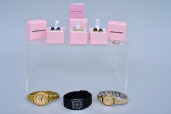 Three Pairs Of Connie Craig-carroll Pierced Earrings, Watches By Skagen, Revue And Seiko