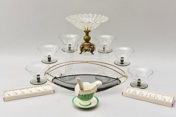 Fluted Brass Pedestal Center Bowl, Set Of 12 La Fleur Porcelain Name Place Settings, Set Of 6 Dessert Cups