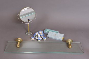 Harrington Glass Wall Shelf, Mirror, Sterling Child's Toothbrush And Miniature Tea Set