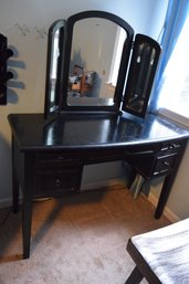 Black Wooden Vanity Table With Three Mirrors & Five Various Sized Drawers & Brown Wood Bench