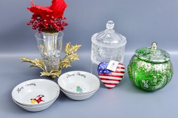 Collection Of Holiday Decor Including Set Of Four Merry Brite Holiday Bowls