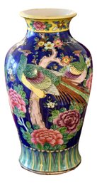 Antique Meiji Style Japanese Famille Noire Enameled Hand Painted Pheasant And Floral Earthenware Vase