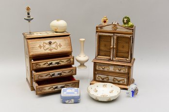 Vintage Jewelry Boxes, Wedgwood Trinket Box, Limoges Bowl, Takahashi Egg Box, Glass Pig Paperweight And More