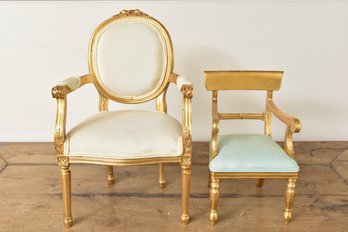 Miniature Replica Louis Carved Cameo Back Arm Chair And Miniature Gilt Open Back Upholstered Arm Chair