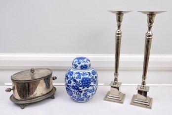 English Silverplate Novelty Croquet Biscuit Barrel, Pair Of Chrome Candlestick Holders, Lidded Ginger Jar