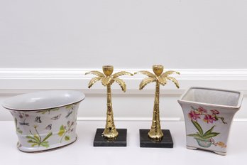 Palm Tree Brass And Marble Base Candlestick Holders And Pair Of Crackled Ceramic Planters