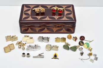 Collection Of Cufflinks, Tie Tacs And Wooden Box