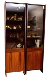 Pair Of Mid-century Smoky Glass Wood Display China Cabinets With Flatware Storage Space
